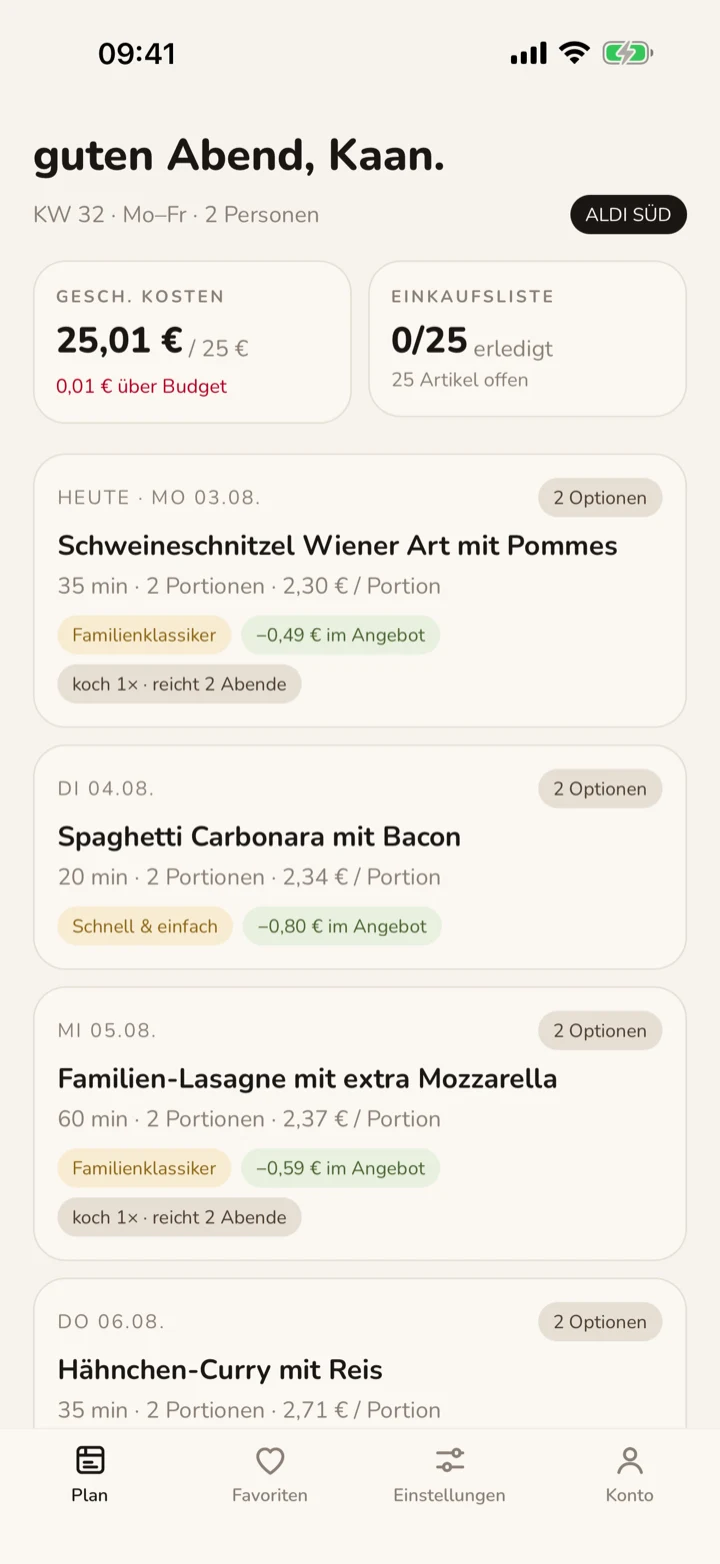 Wochenplan-Screen der Abendly-App